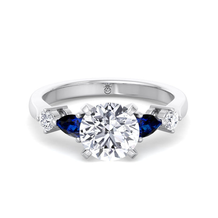 Round Cut Engagement Ring with Blue Sapphire Pear Shape Sidestones