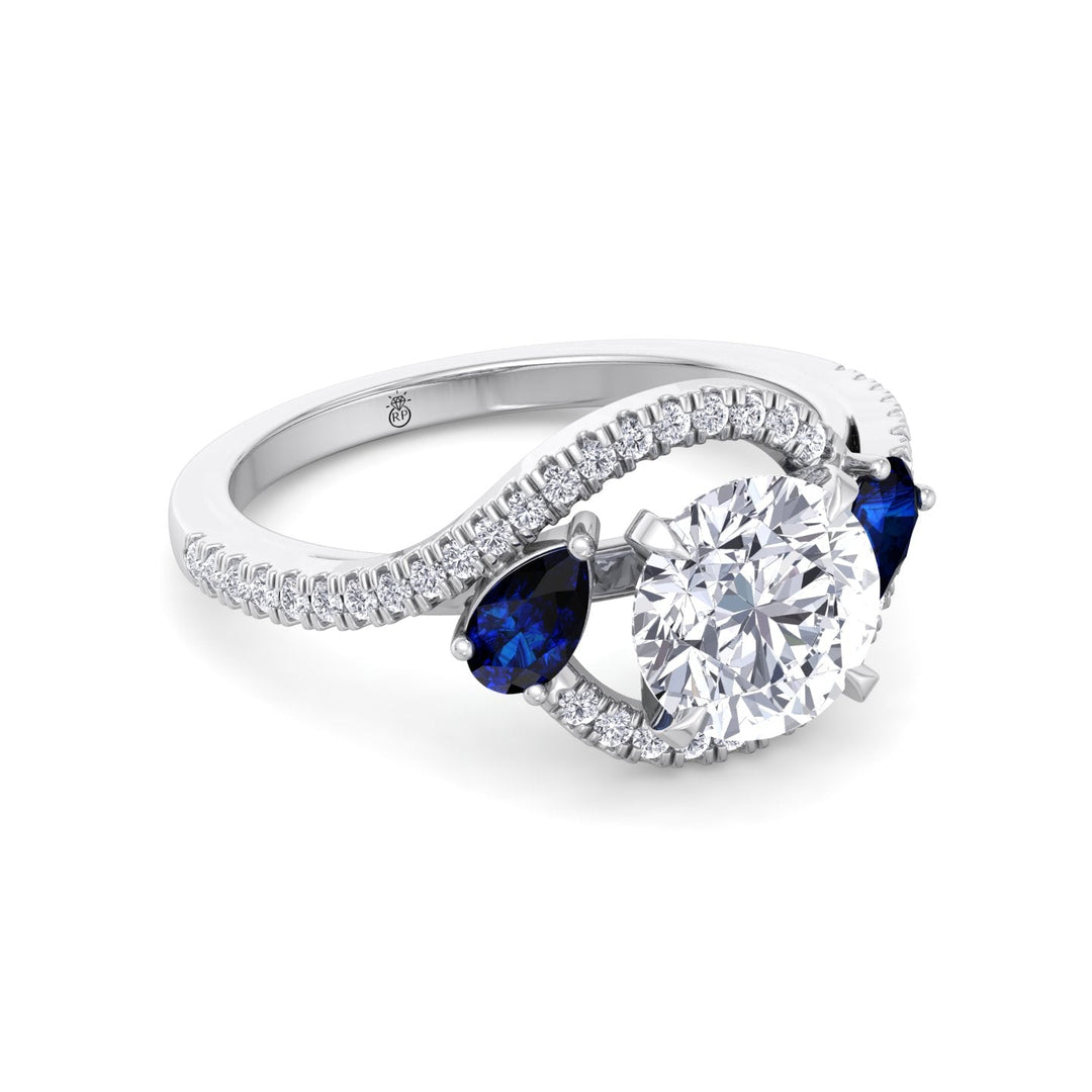 Round Cut Engagement Ring with Halo &amp; Blue Sapphire Pear Shape Sidestones
