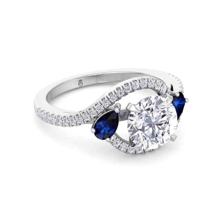 Round Cut Engagement Ring with Halo &amp; Blue Sapphire Pear Shape Sidestones