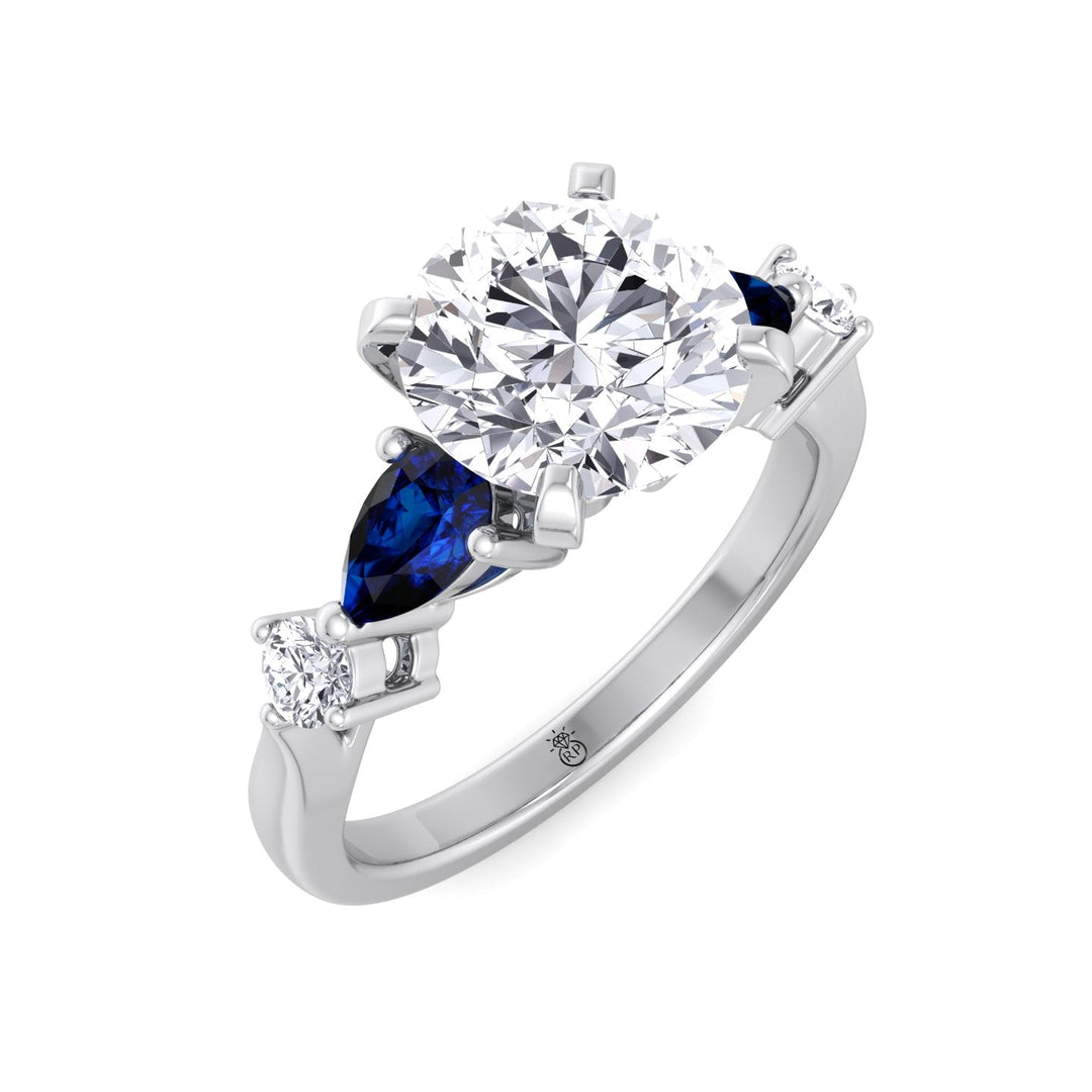 Round Cut Engagement Ring with Blue Sapphire Pear Shape Sidestones
