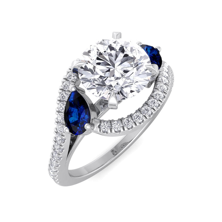 Round Cut Engagement Ring with Halo &amp; Blue Sapphire Pear Shape Sidestones