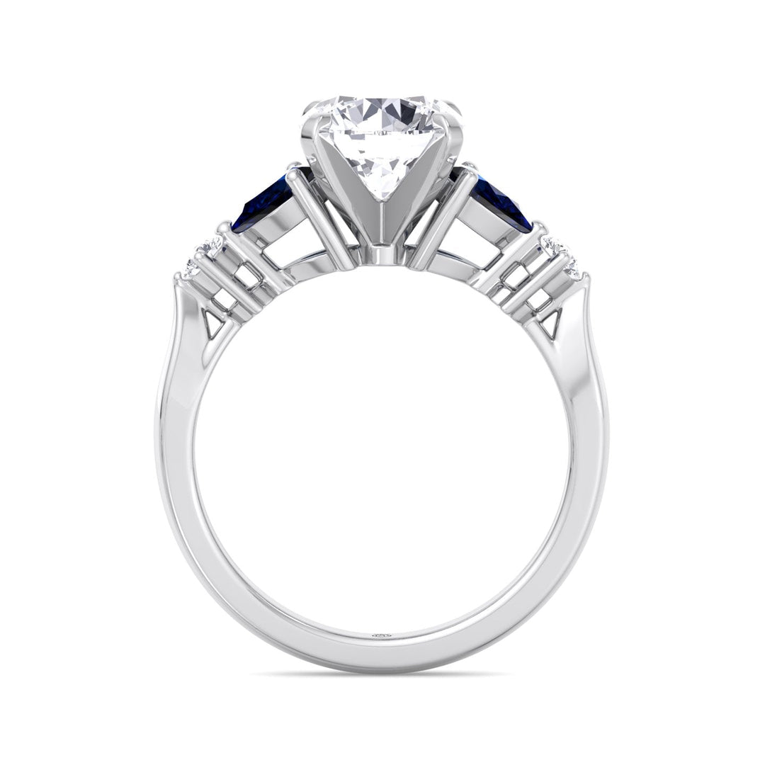Round Cut Engagement Ring with Blue Sapphire Pear Shape Sidestones