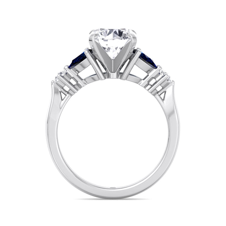 Round Cut Engagement Ring with Blue Sapphire Pear Shape Sidestones