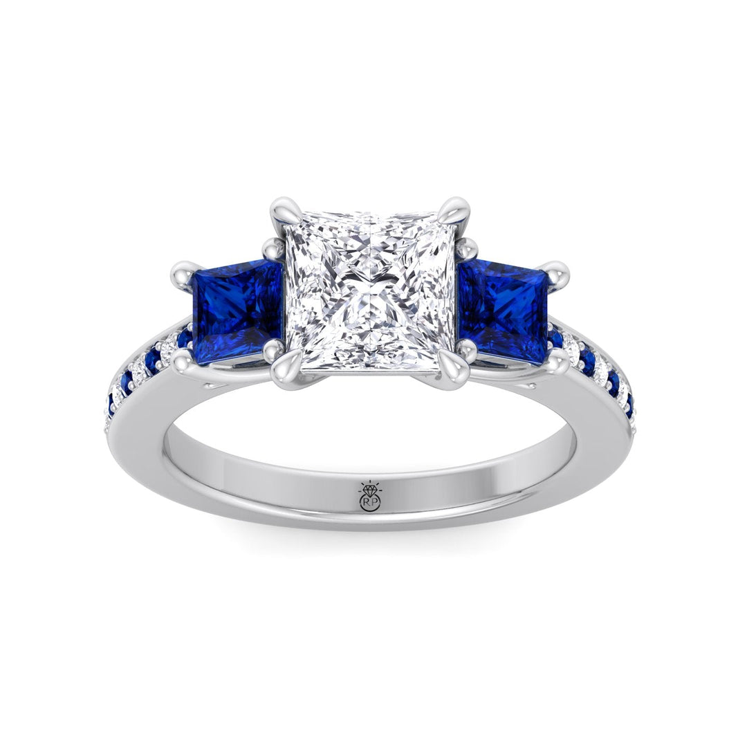 Princess Cut Engagement Ring with Blue Sapphire Sidestones