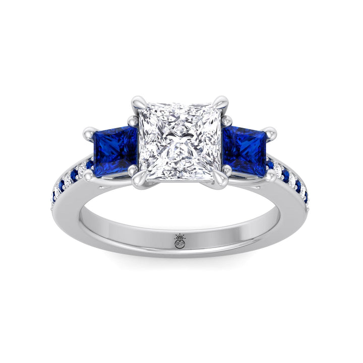 Princess Cut Engagement Ring with Blue Sapphire Sidestones