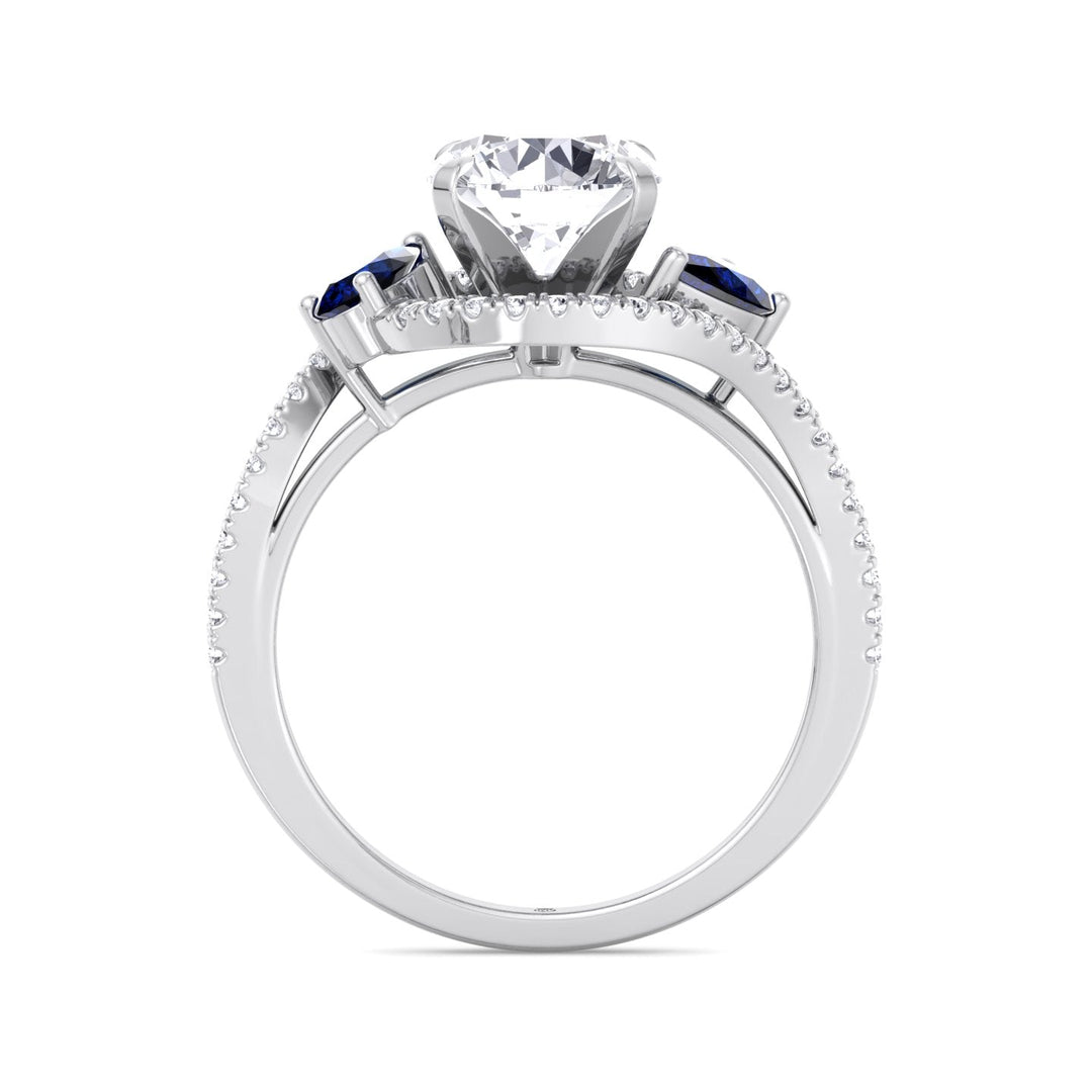 Round Cut Engagement Ring with Halo &amp; Blue Sapphire Pear Shape Sidestones
