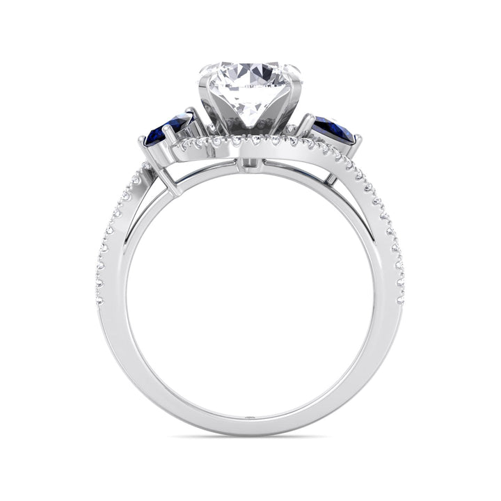 Round Cut Engagement Ring with Halo &amp; Blue Sapphire Pear Shape Sidestones