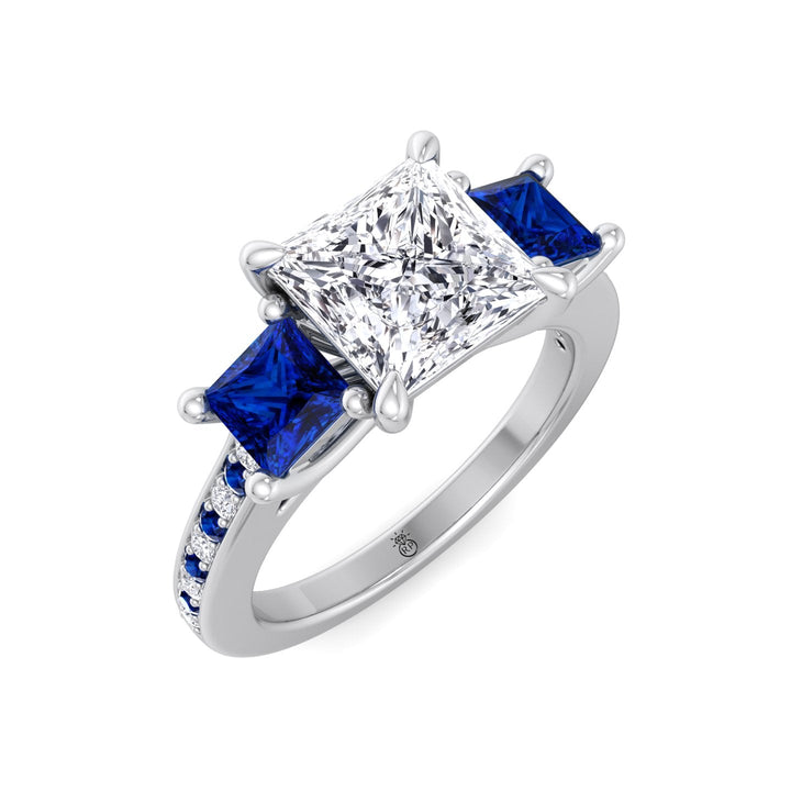 Princess Cut Engagement Ring with Blue Sapphire Sidestones