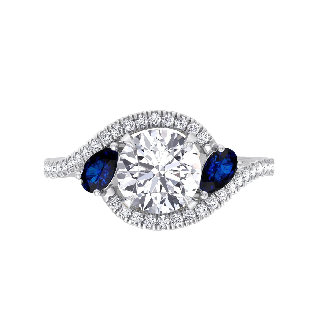 Round Cut Engagement Ring with Halo &amp; Blue Sapphire Pear Shape Sidestones