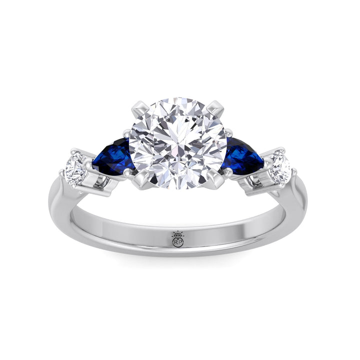 Round Cut Engagement Ring with Blue Sapphire Pear Shape Sidestones