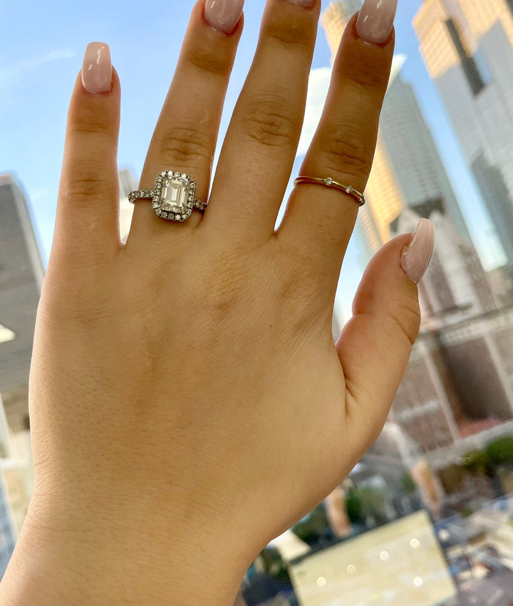 Emerald Cut Halo Engagement Ring with Sidestones