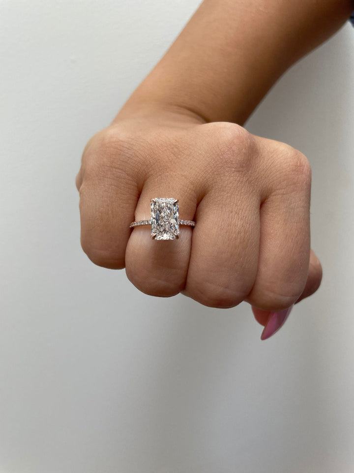 3CT Radiant Cut Hidden Halo Engagement Ring with Pavé Band 14K White Gold