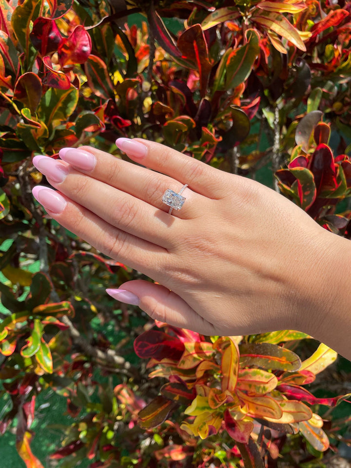 3CT Radiant Cut Hidden Halo Engagement Ring with Pavé Band 14K White Gold