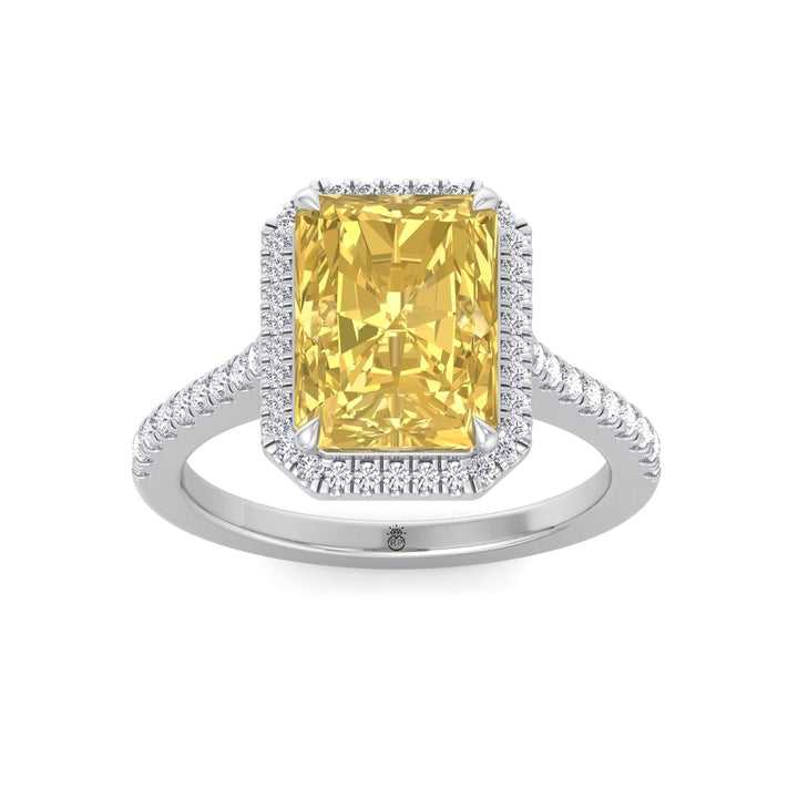 Radiant Cut Canary Yellow Engagement Ring With Pave Band and Halo