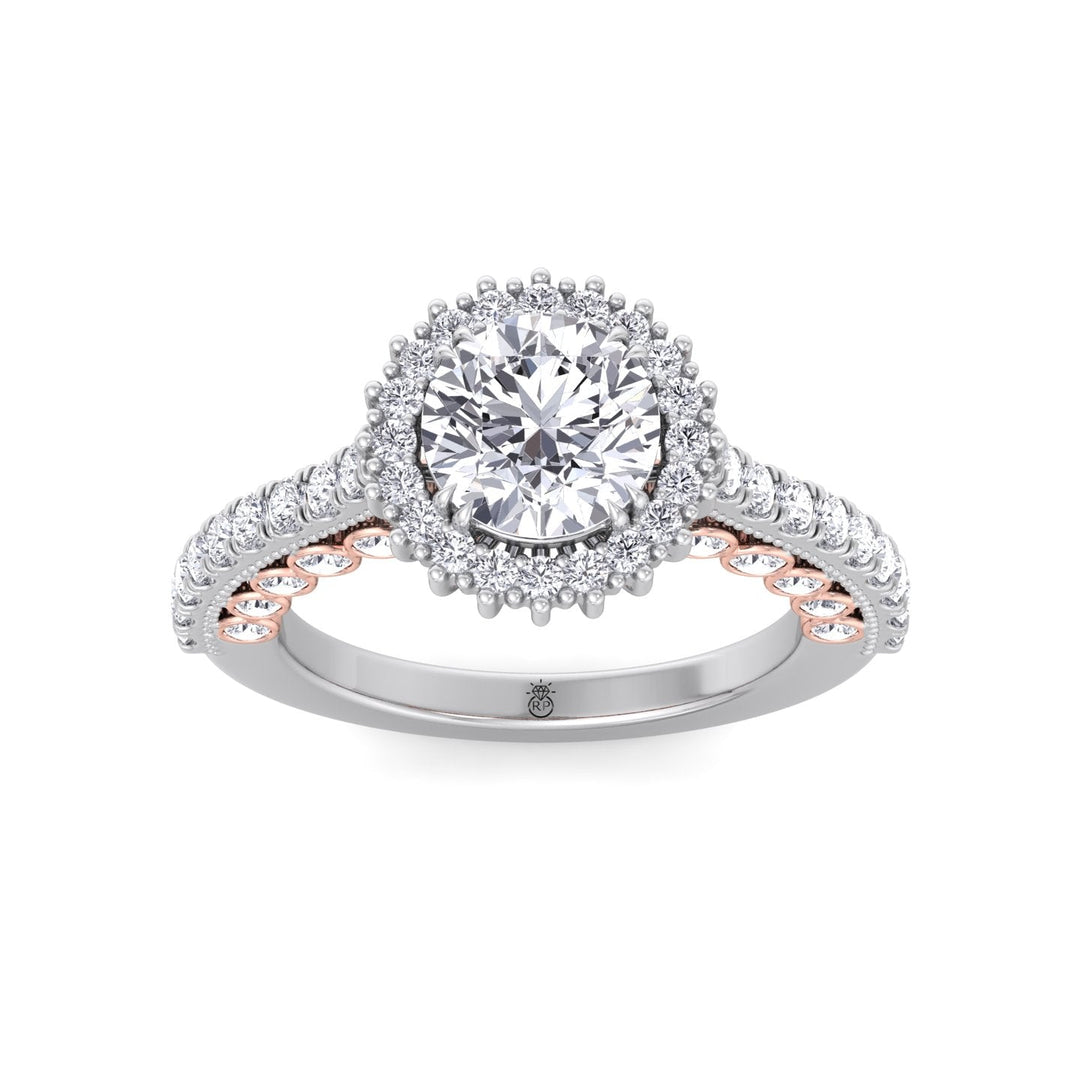 Round Cut  Engagement Ring with Round Cut Halo and Milligrain in Two-Toned Band