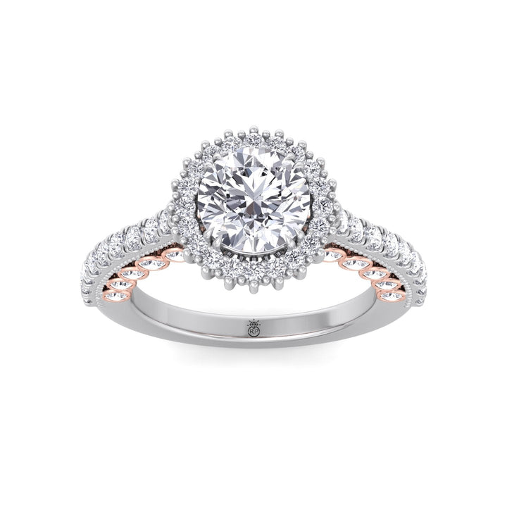 Round Cut  Engagement Ring with Round Cut Halo and Milligrain in Two-Toned Band