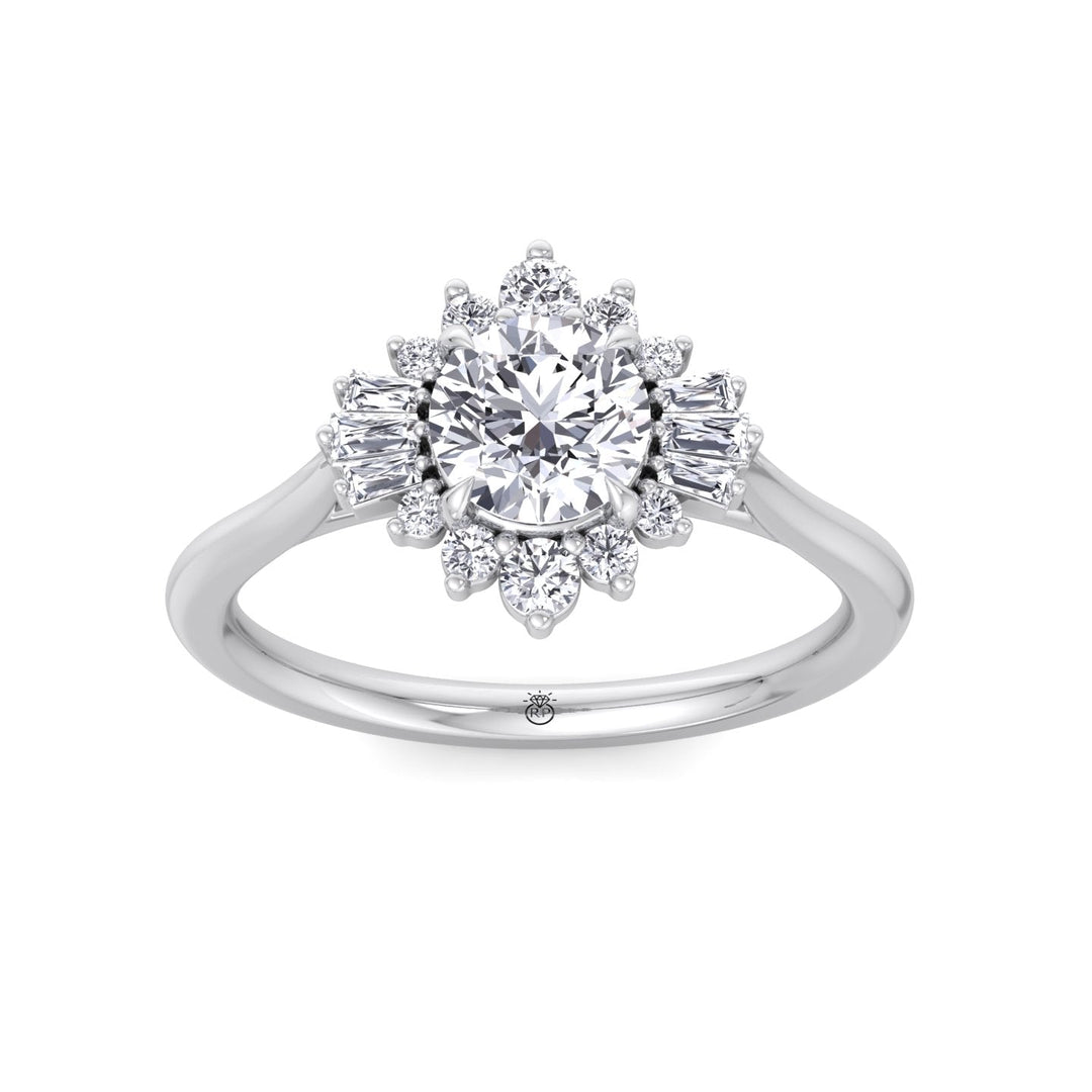 Round Cut Engagement Ring with Round and Tapered Baguette Cluster