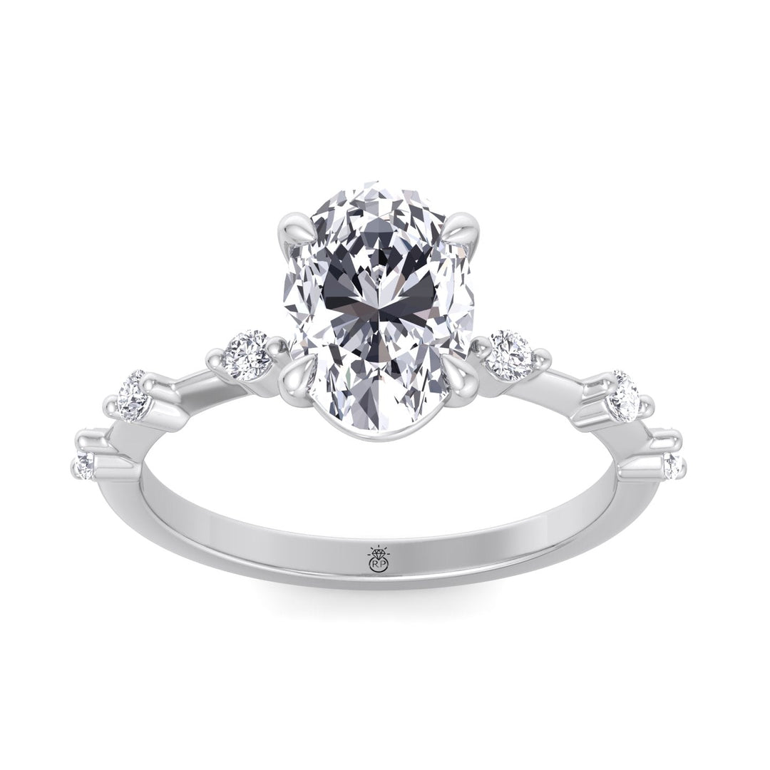 Oval Cut Engagement Ring Thin Band with Round Stones