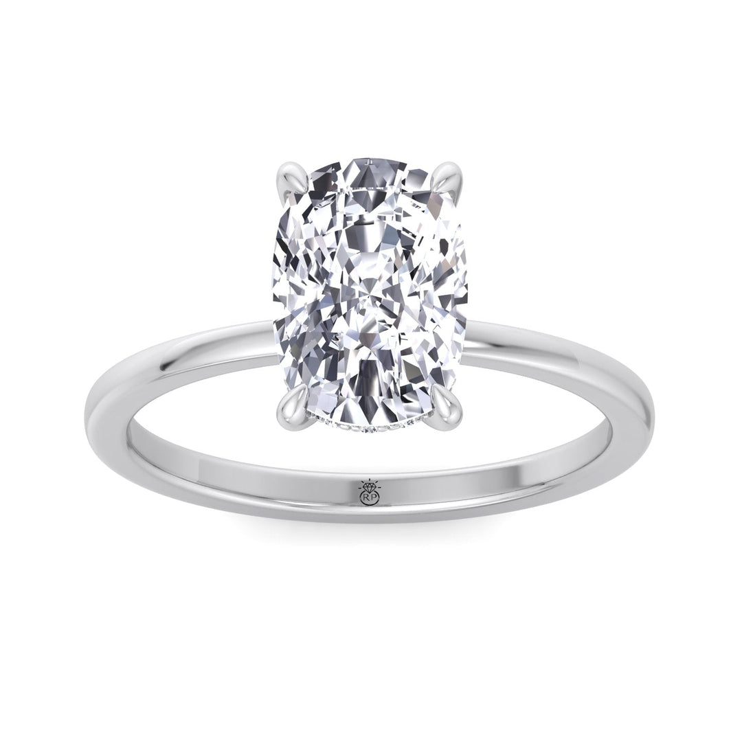 Two Tone Elongated Cushion Cut Engagement Ring with Thin Band and Hidden Halo