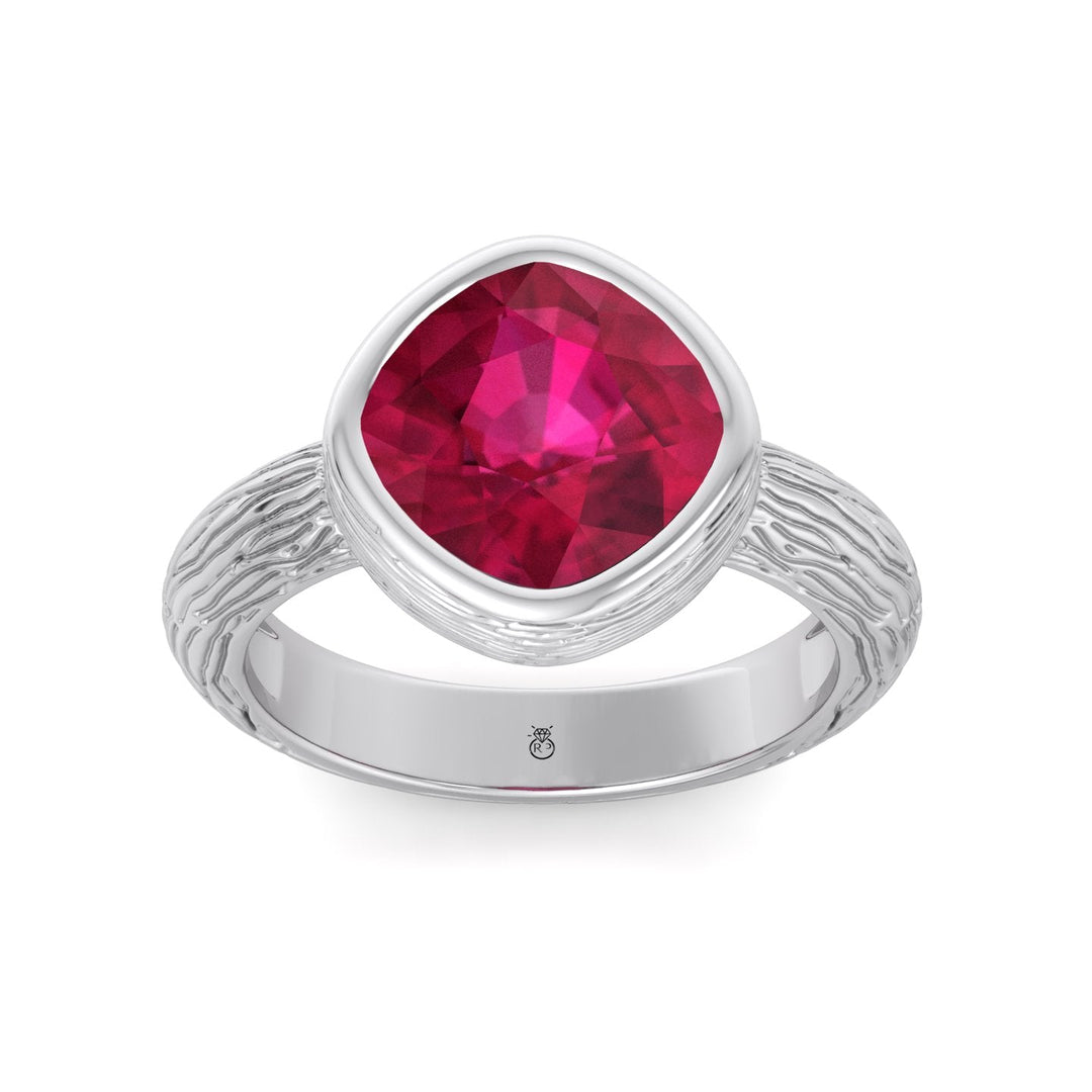 Cushion Cut Ruby Solitaire Hand Engraved Engagement Ring