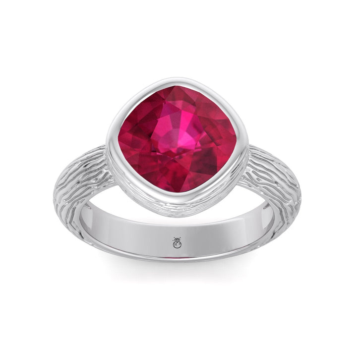 Cushion Cut Ruby Solitaire Hand Engraved Engagement Ring
