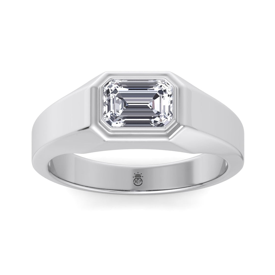 Bezel Set Unisex East To West Emerald Cut Engagement Ring