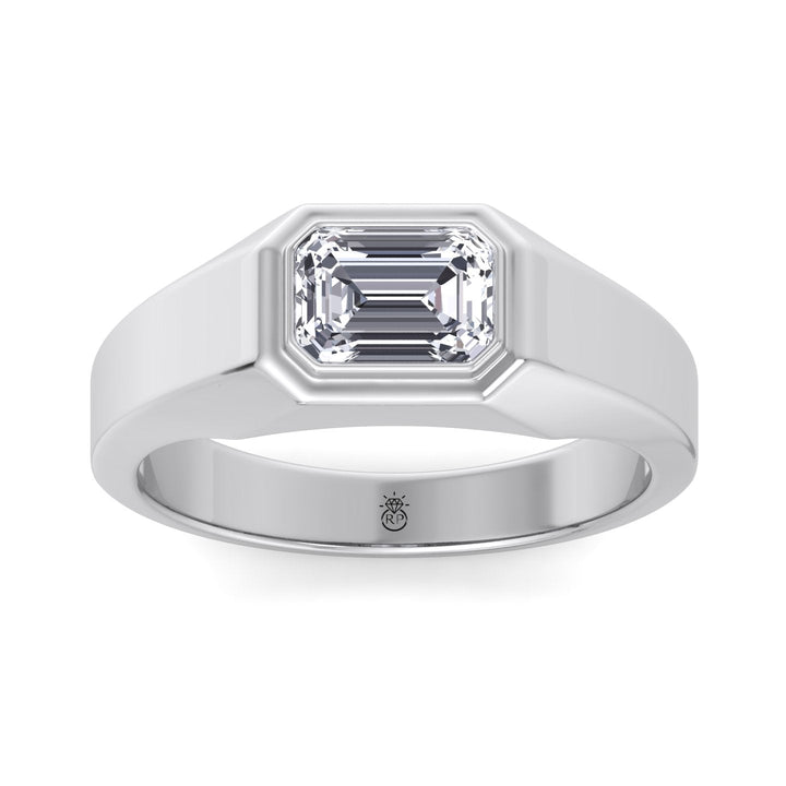 Bezel Set Unisex East To West Emerald Cut Engagement Ring