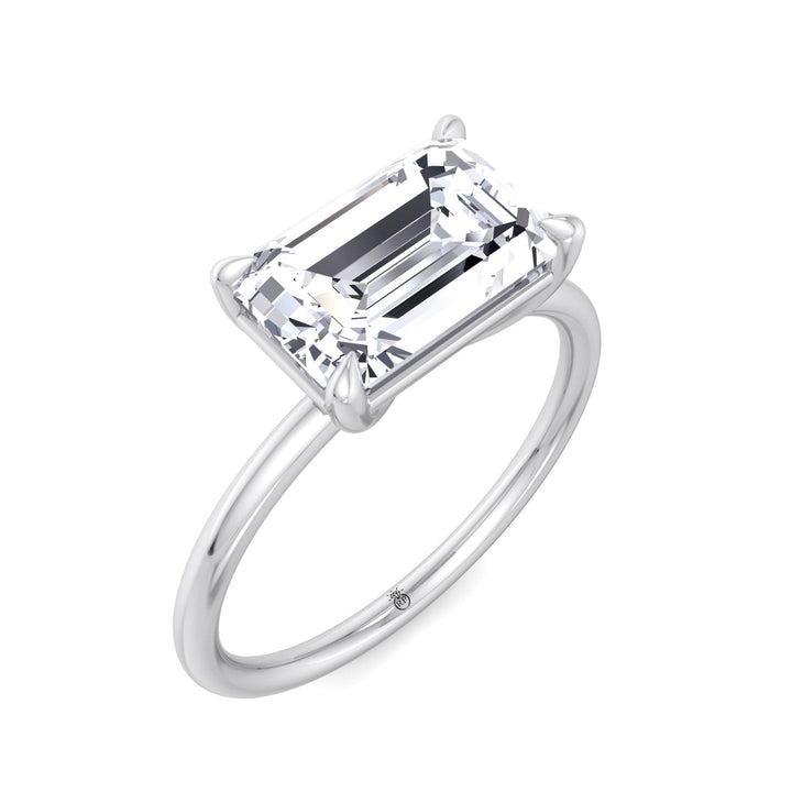 East To West Emerald Cut Solitaire Engagement Ring with Thin Band