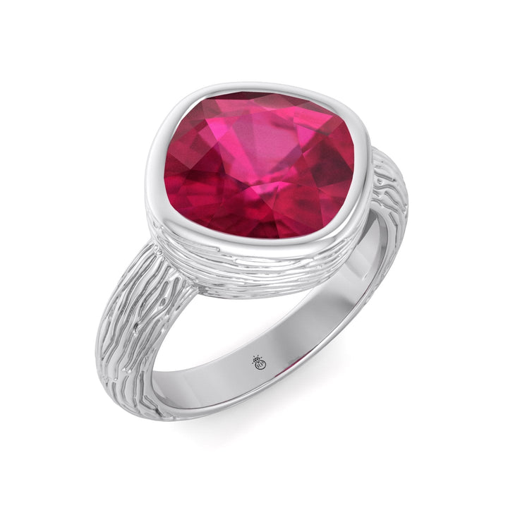 Cushion Cut Ruby Solitaire Hand Engraved Engagement Ring