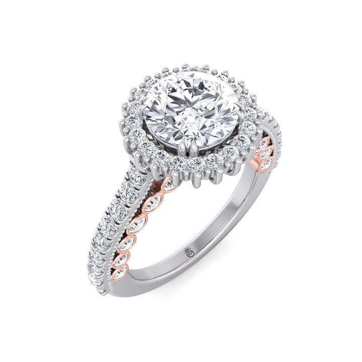 Round Cut  Engagement Ring with Round Cut Halo and Milligrain in Two-Toned Band