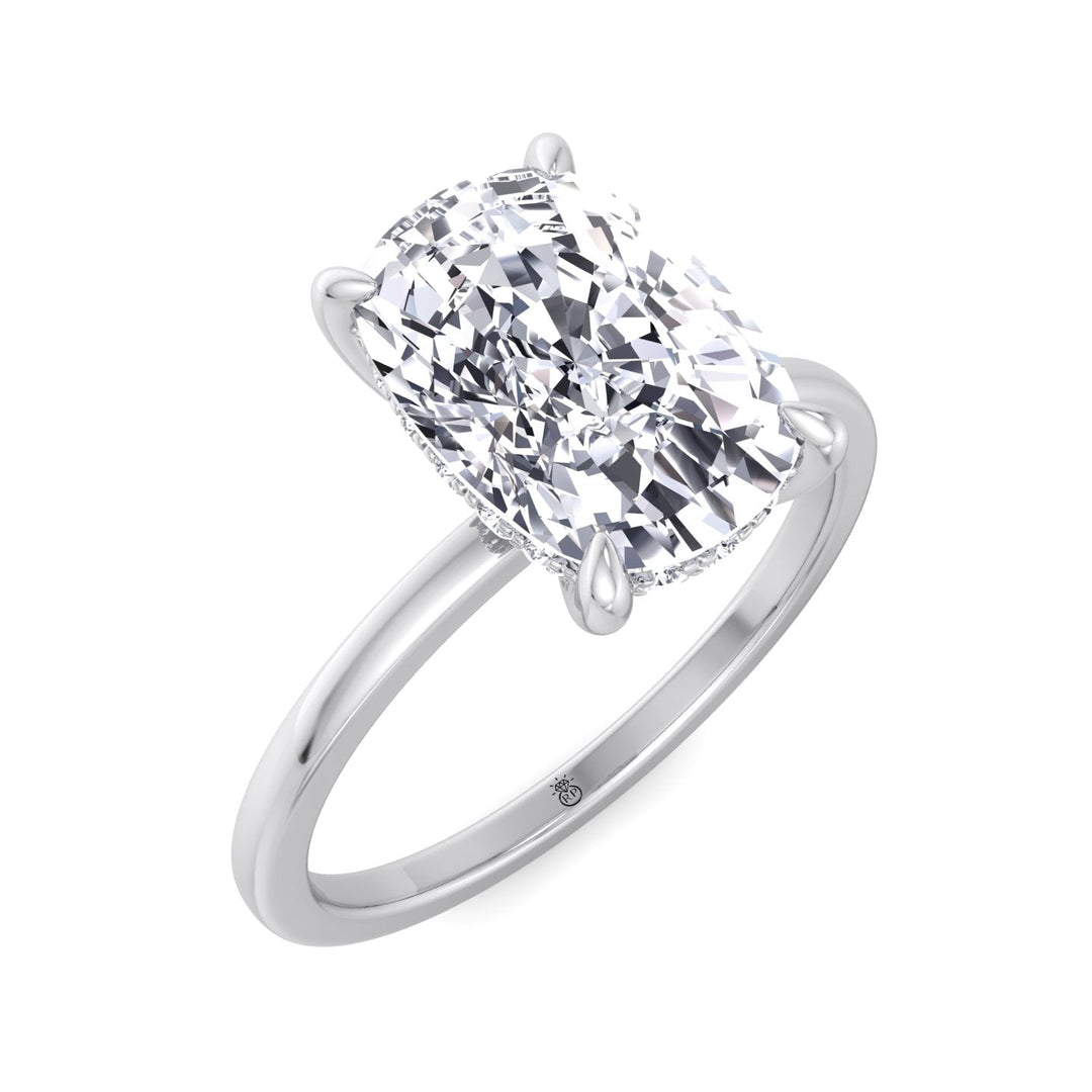 Two Tone Elongated Cushion Cut Engagement Ring with Thin Band and Hidden Halo