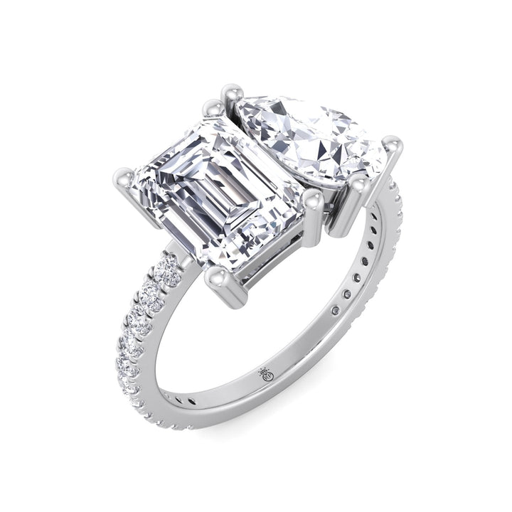 Toi Et Moi Emerald &amp; Pear Shape Engagement Ring with Pave Band