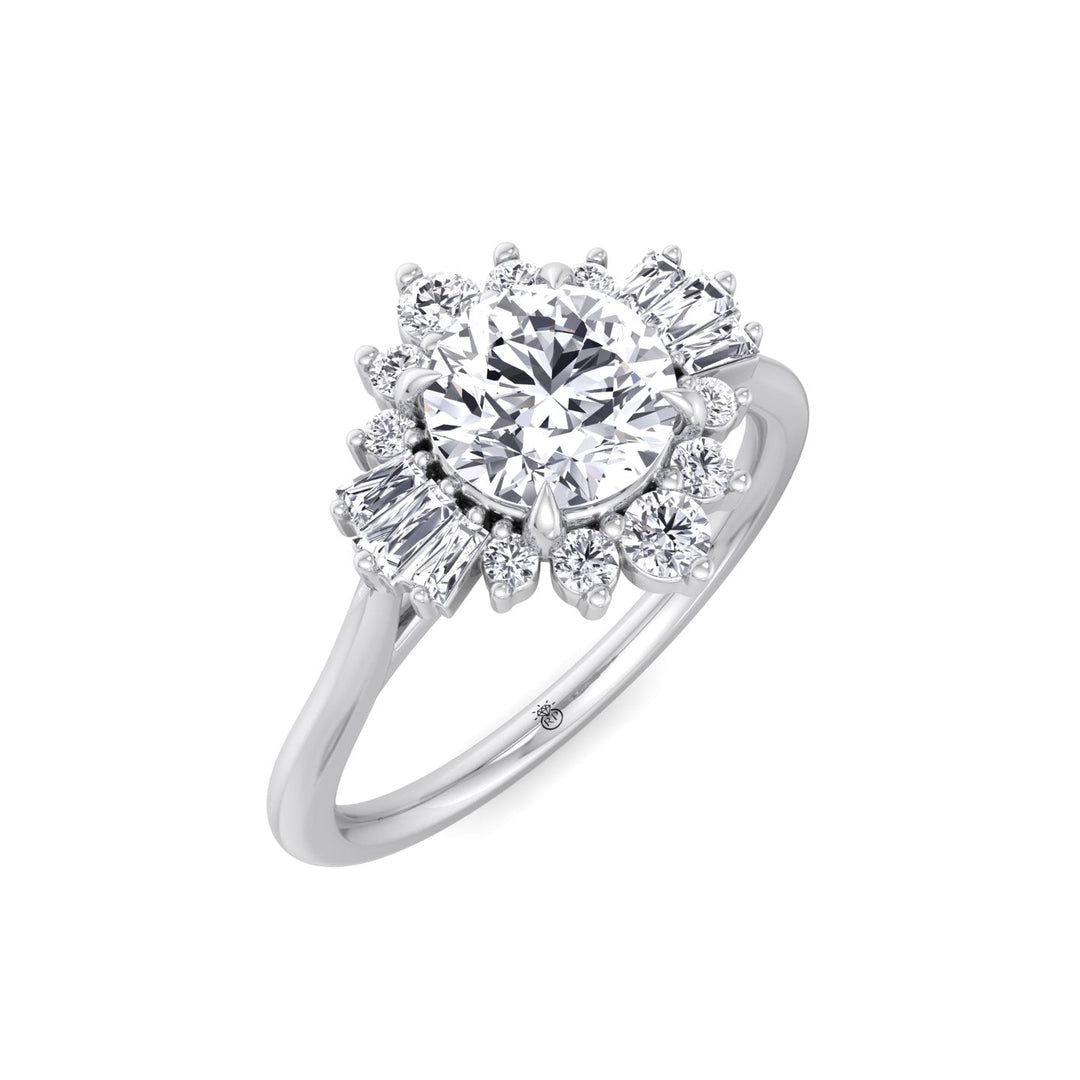 Round Cut Engagement Ring with Round and Tapered Baguette Cluster