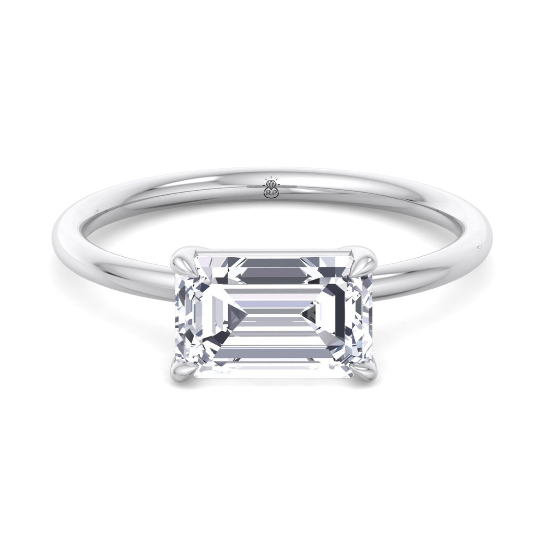 East To West Emerald Cut Solitaire Engagement Ring with Thin Band