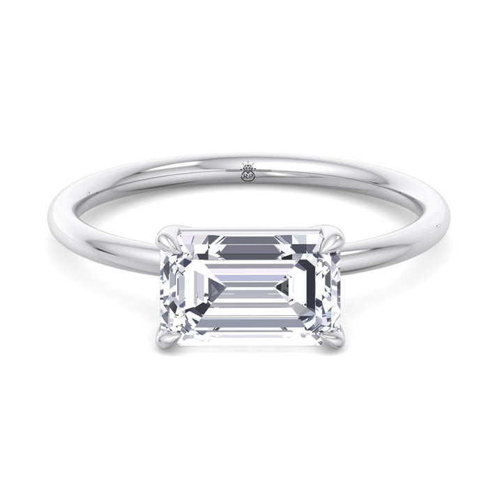 East To West Emerald Cut Solitaire Engagement Ring with Thin Band