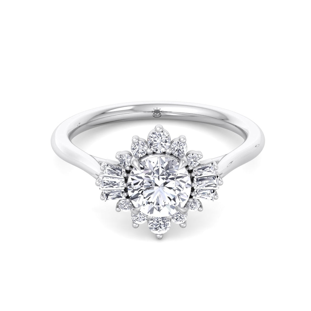 Round Cut Engagement Ring with Round and Tapered Baguette Cluster