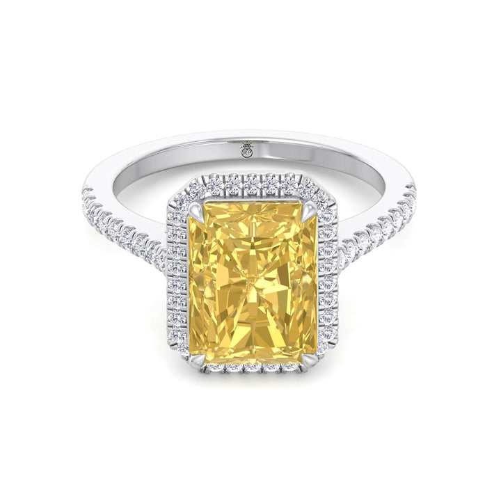 Radiant Cut Canary Yellow Engagement Ring With Pave Band and Halo