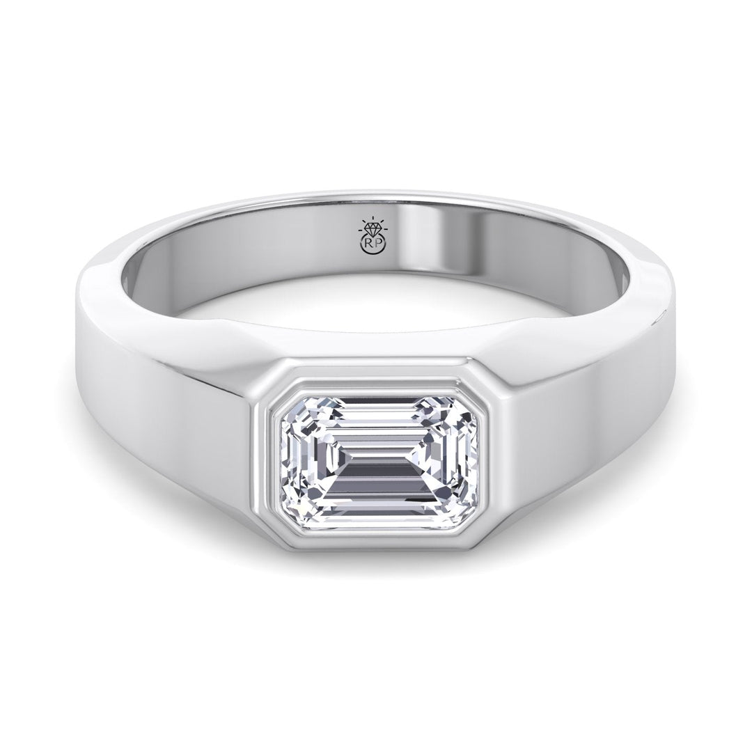 Bezel Set Unisex East To West Emerald Cut Engagement Ring