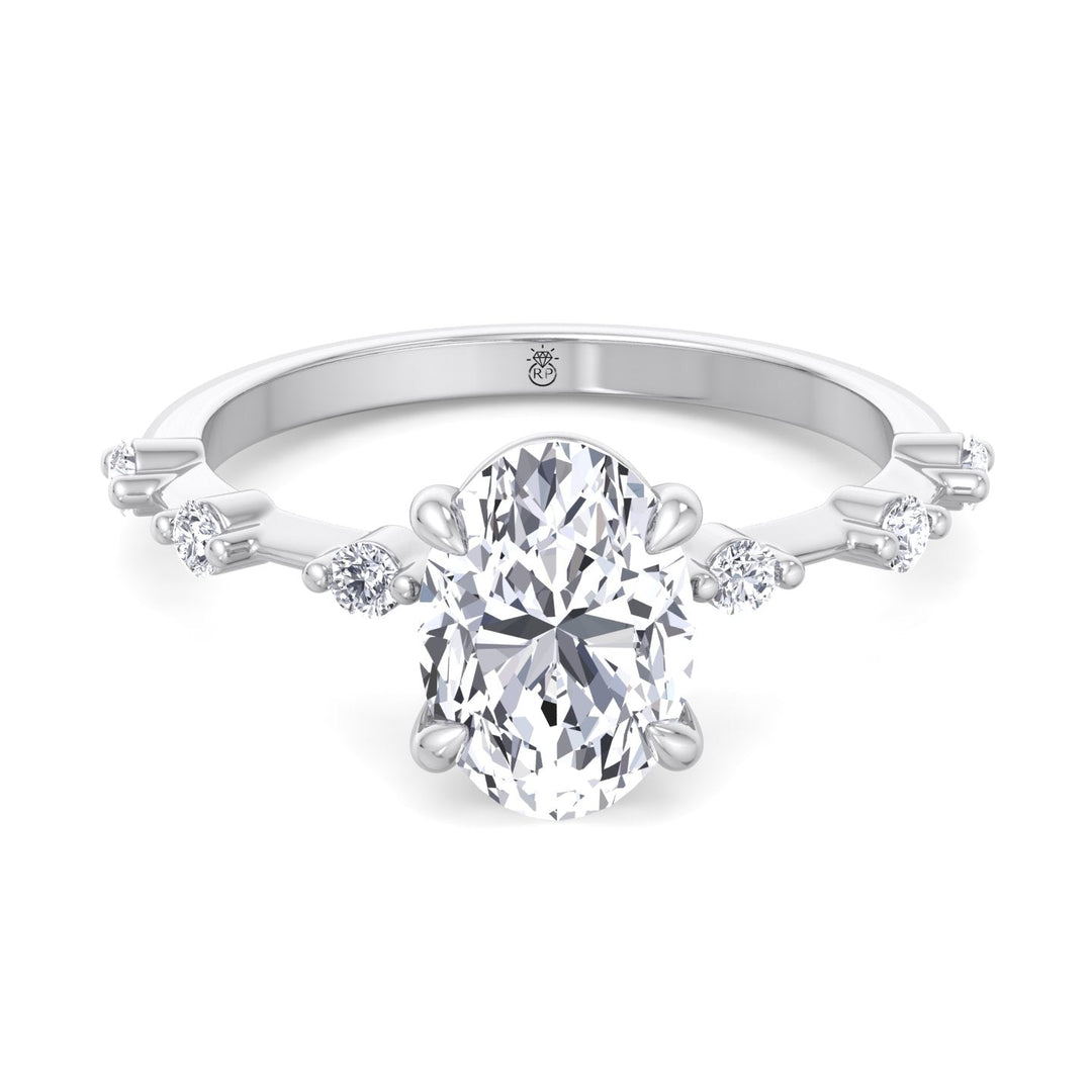 Oval Cut Engagement Ring Thin Band with Round Stones