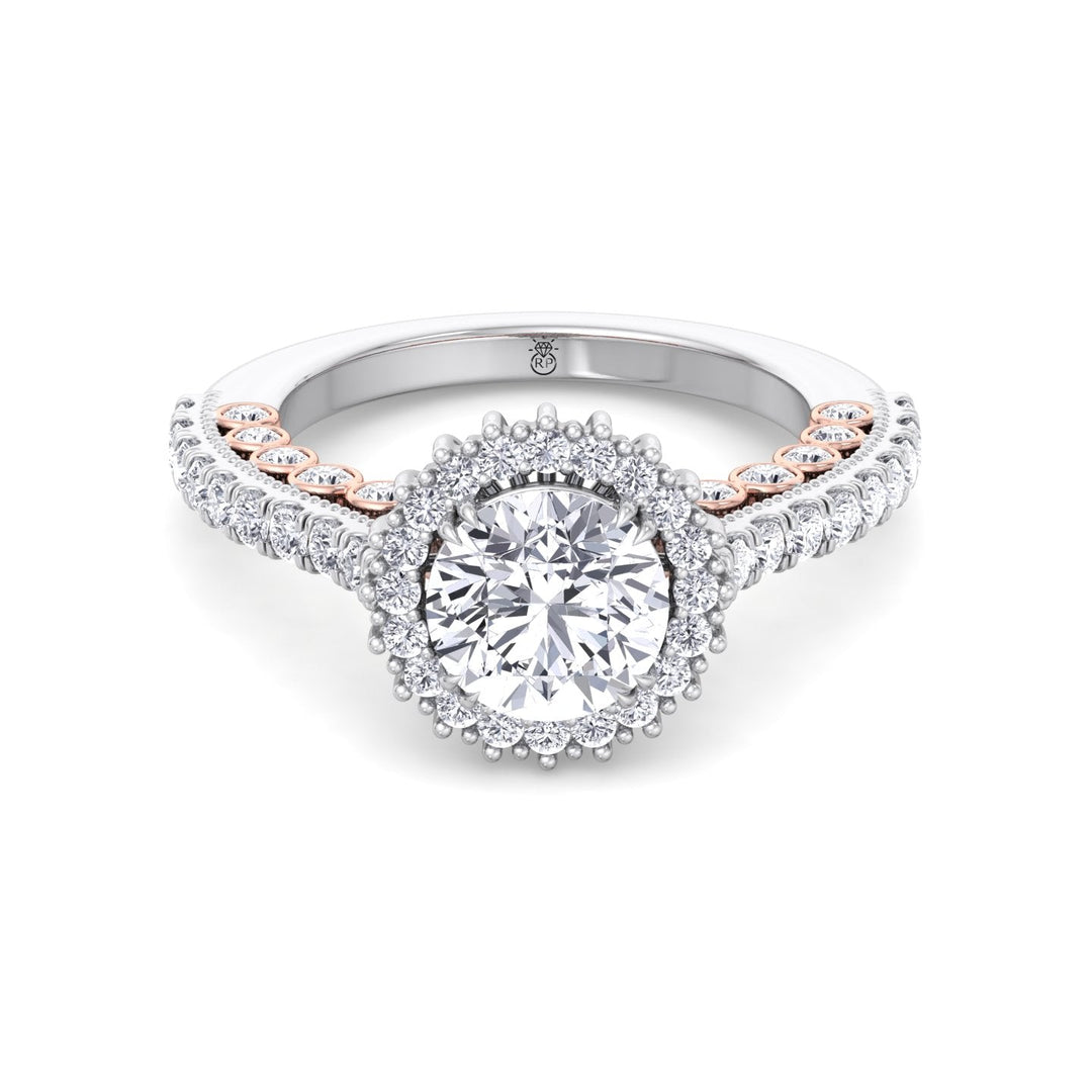 Round Cut  Engagement Ring with Round Cut Halo and Milligrain in Two-Toned Band