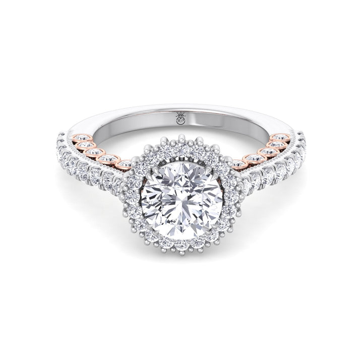 Round Cut  Engagement Ring with Round Cut Halo and Milligrain in Two-Toned Band