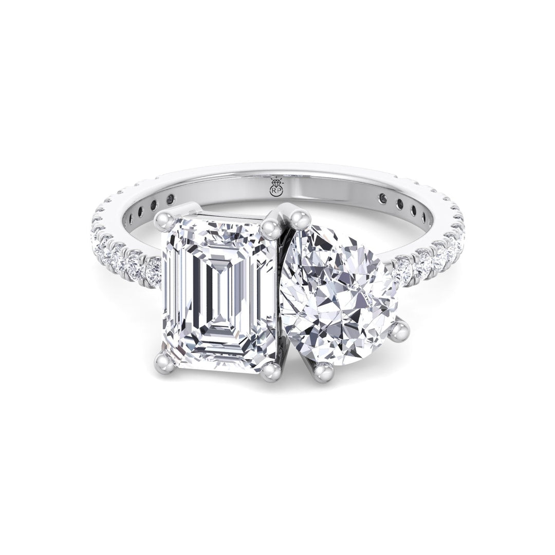 Toi Et Moi Emerald &amp; Pear Shape Engagement Ring with Pave Band