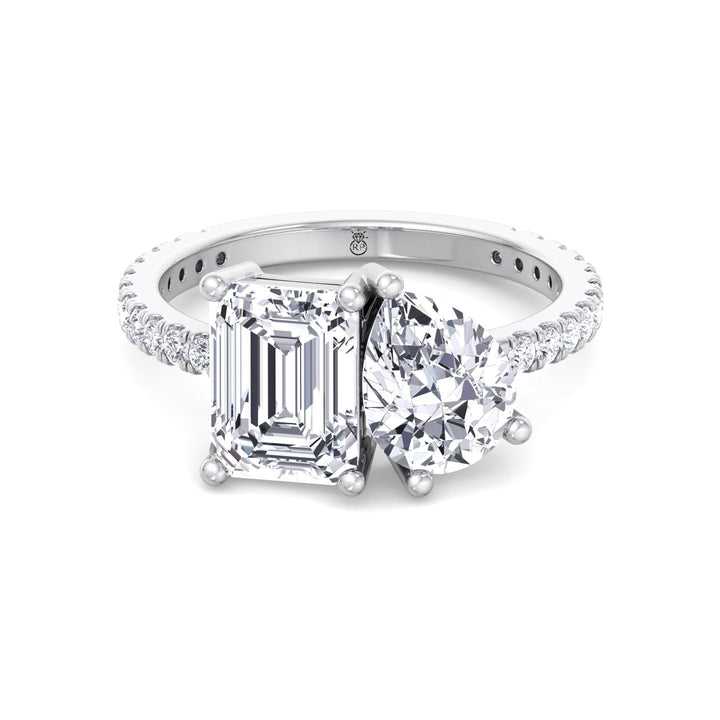 Toi Et Moi Emerald &amp; Pear Shape Engagement Ring with Pave Band