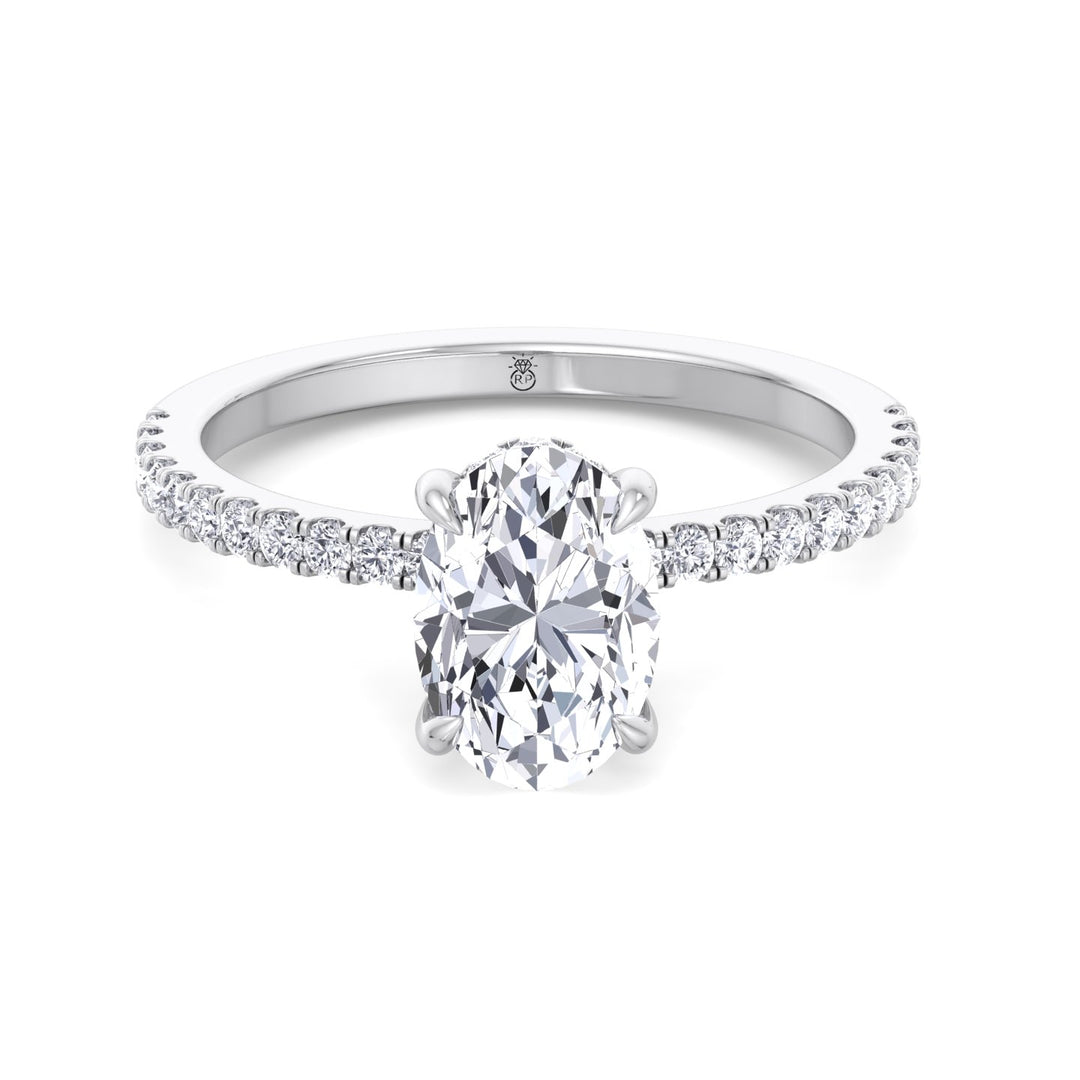 Oval Cut Invisible Halo Engagement Ring with Sidestones