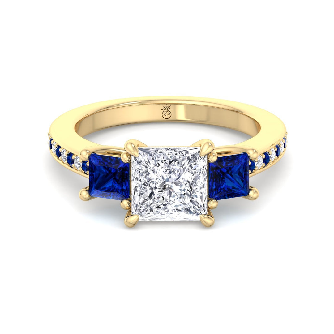 Princess Cut Engagement Ring with Blue Sapphire Sidestones
