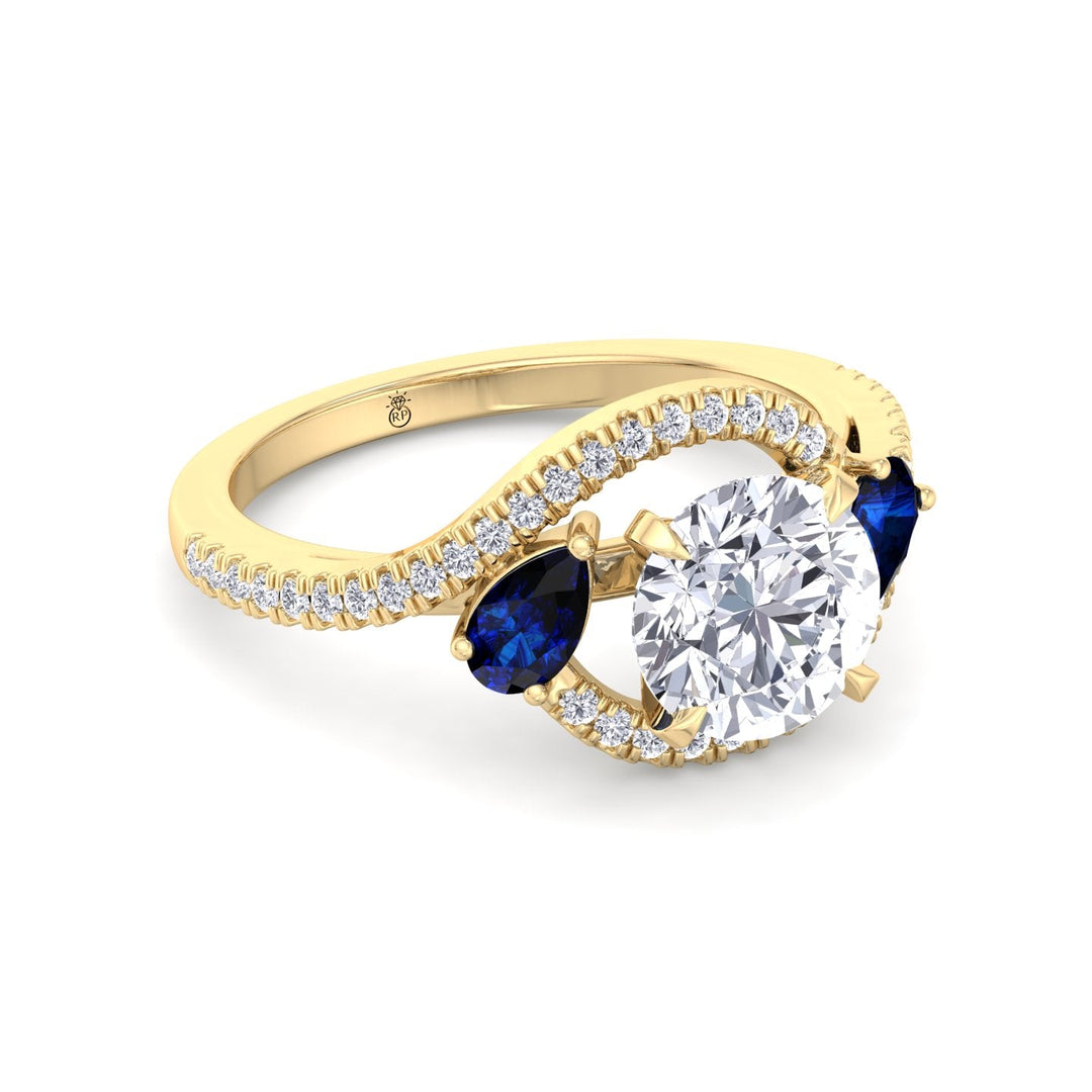 Round Cut Engagement Ring with Halo &amp; Blue Sapphire Pear Shape Sidestones