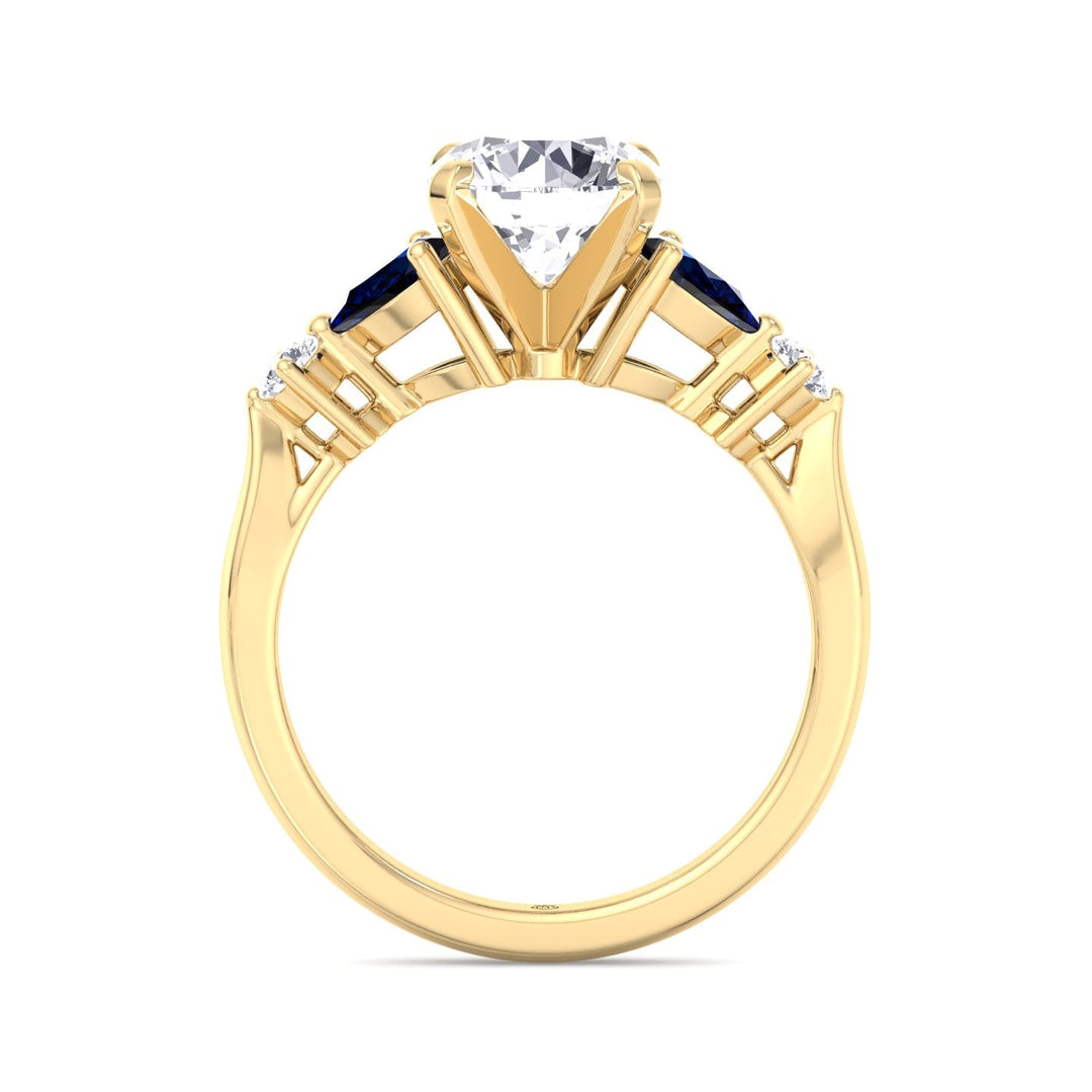 Round Cut Engagement Ring with Blue Sapphire Pear Shape Sidestones