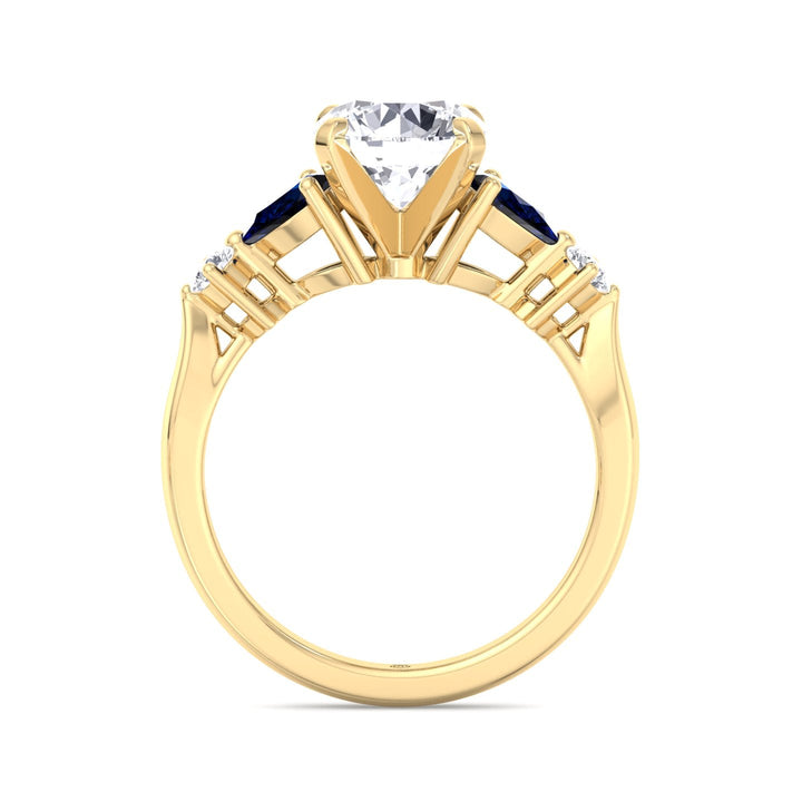 Round Cut Engagement Ring with Blue Sapphire Pear Shape Sidestones