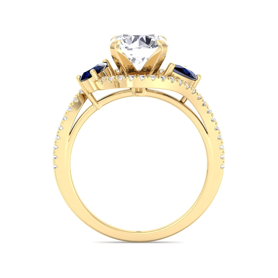 Round Cut Engagement Ring with Halo &amp; Blue Sapphire Pear Shape Sidestones