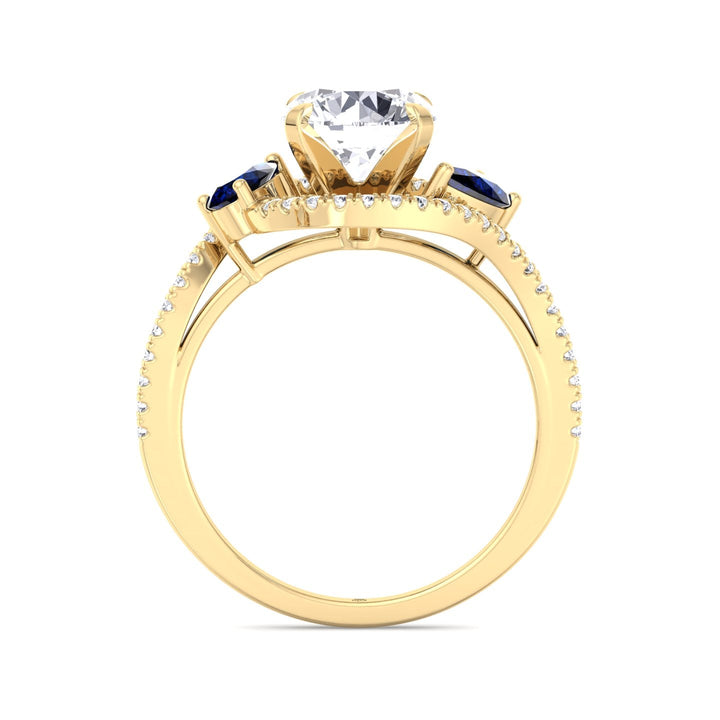 Round Cut Engagement Ring with Halo &amp; Blue Sapphire Pear Shape Sidestones